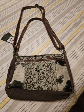 Myra Bag Brown & Cream Patterned Canvas Crossbody with Haircalf Accents